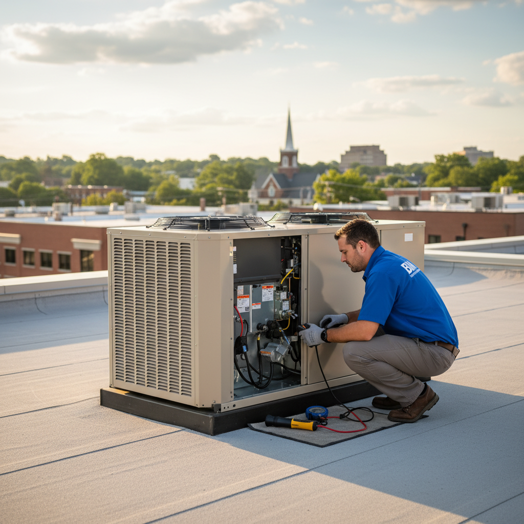 BIM Heating and Cooling professional inspecting a commercial HVAC system on a rooftop in Fredericksburg, VA.