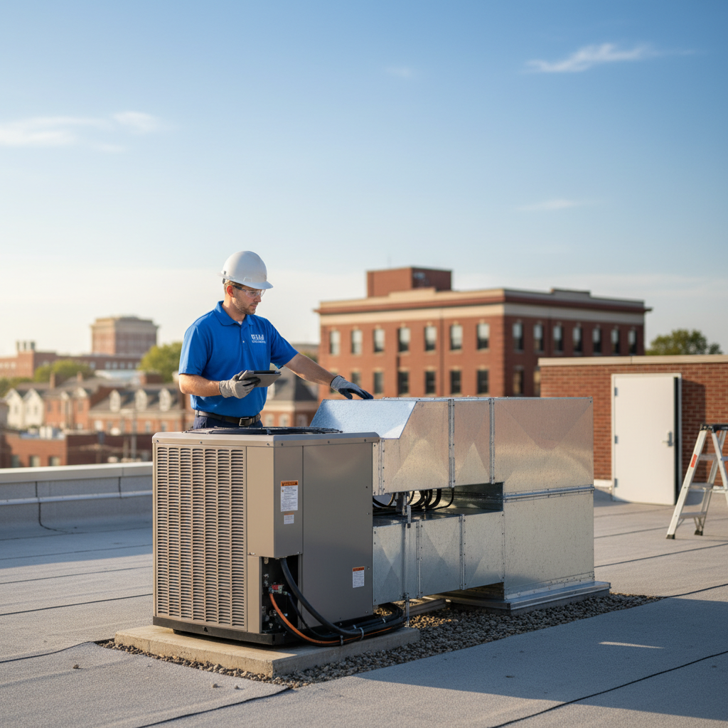 BIM Heating and Cooling professional inspecting a commercial HVAC unit in downtown Fredericksburg, Virginia.