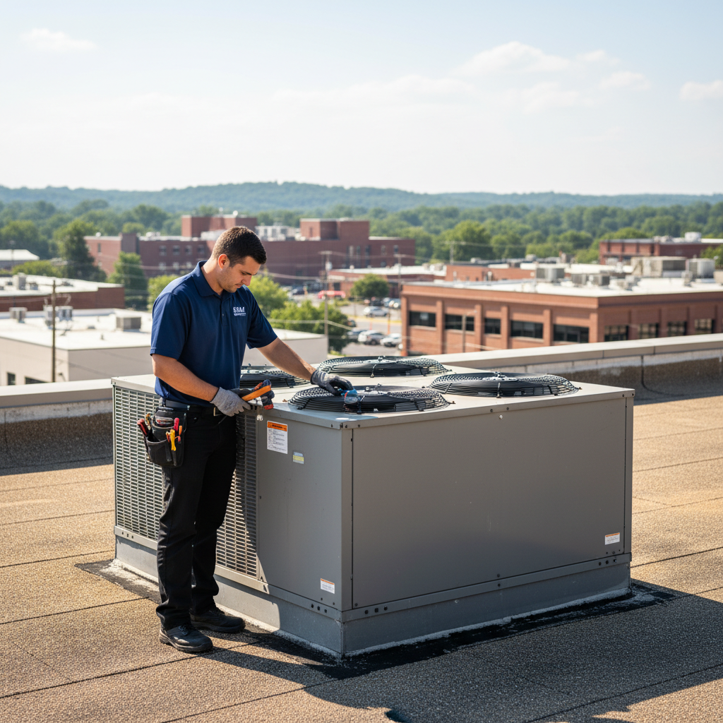 BIM Heating and Cooling professional inspecting a commercial air conditioning unit in Fredericksburg, Virginia.
