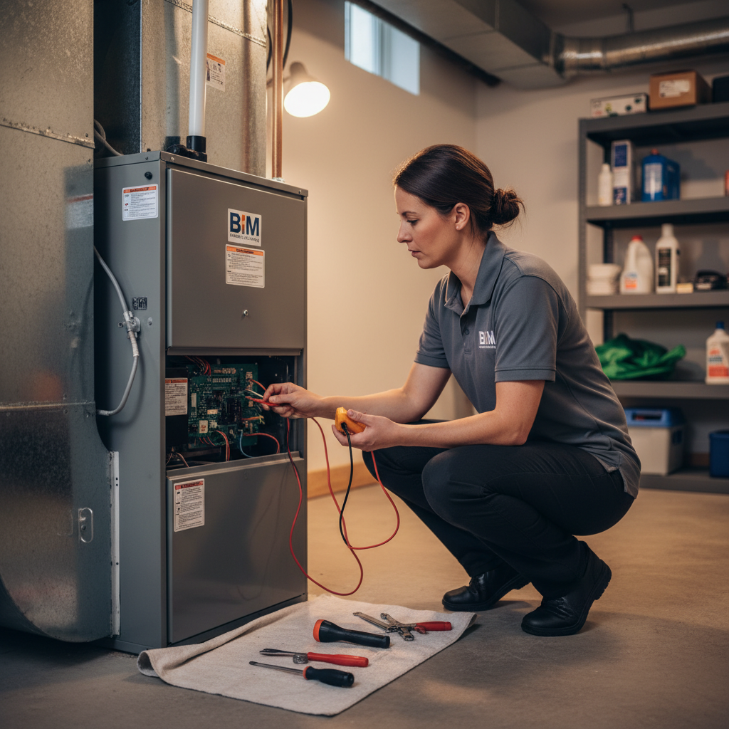 BIM Heating and Cooling professional inspecting a furnace during a routine heating service in Stafford County, Virginia.