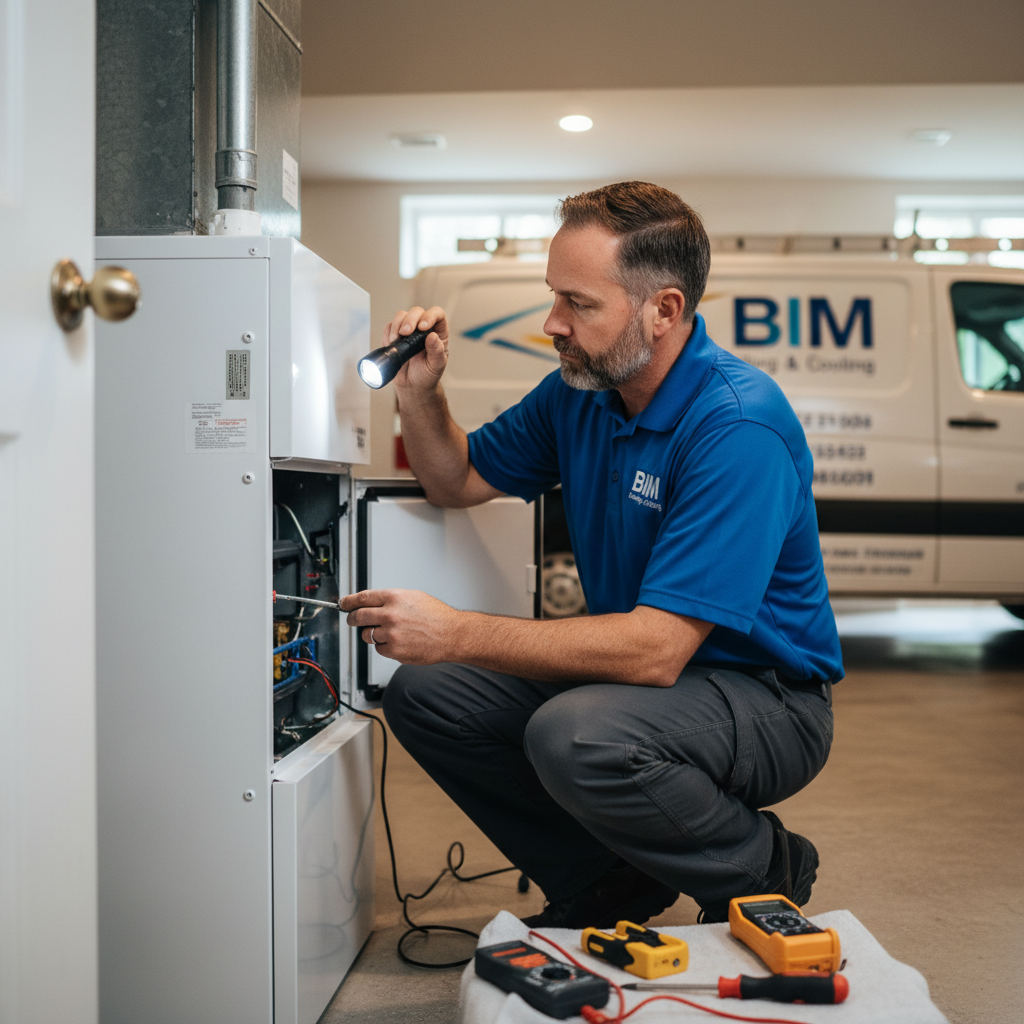 BIM Heating and Cooling professional inspecting a furnace for heating service in Fredericksburg, VA.
