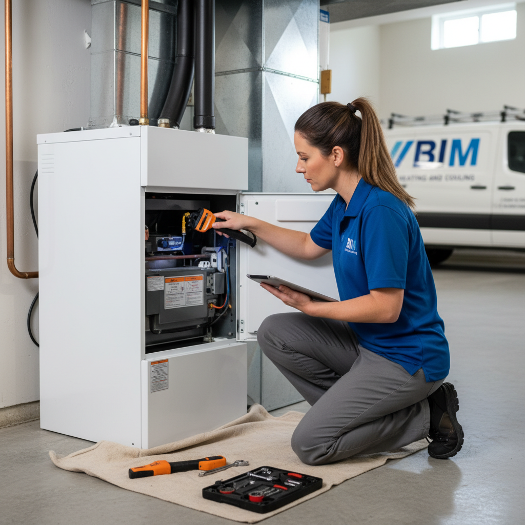 BIM Heating and Cooling professional inspecting a furnace in a Fredericksburg, Virginia county basement.