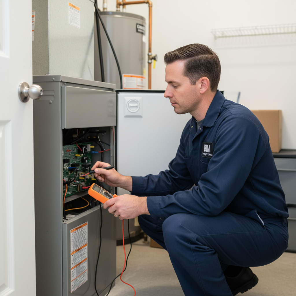 BIM Heating and Cooling professional inspecting a furnace in a Fredericksburg, Virginia residence.