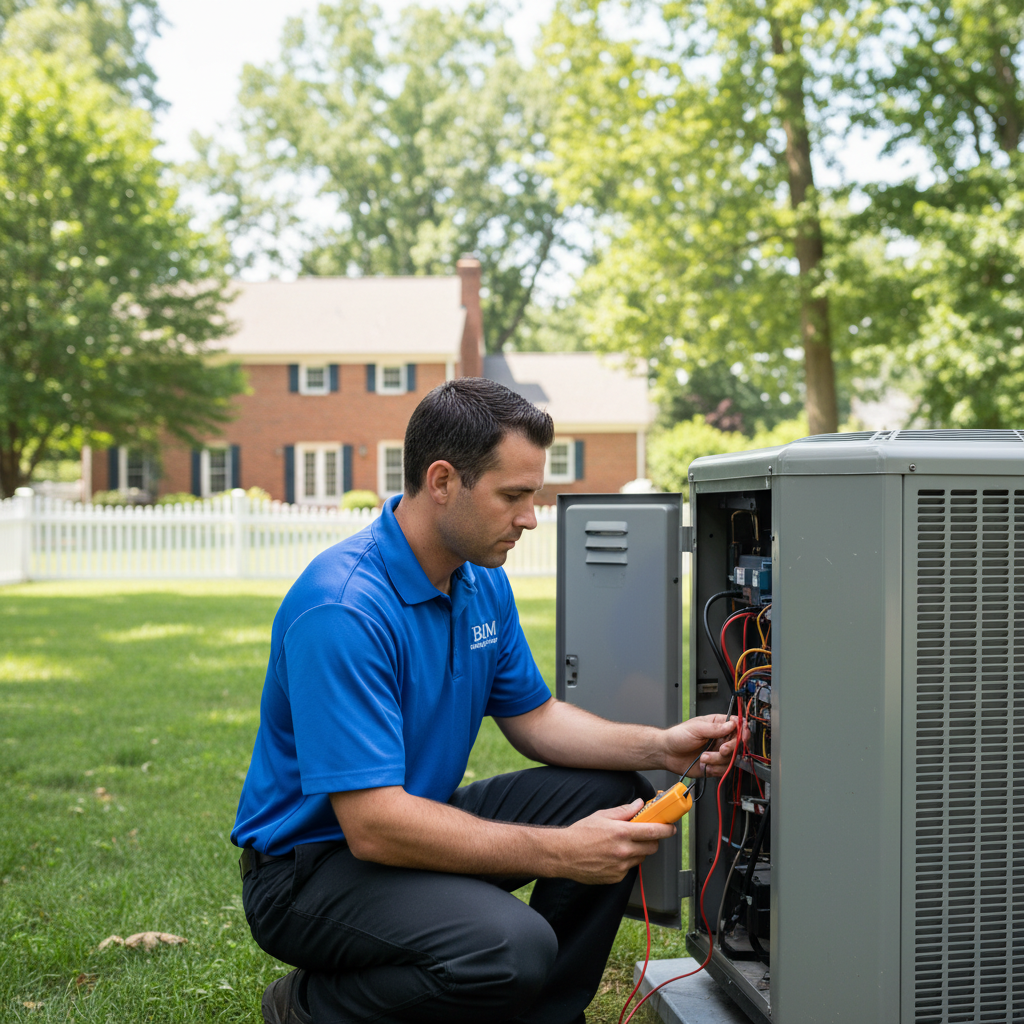 BIM Heating and Cooling professional inspecting an outdoor HVAC unit in a Fredericksburg, Virginia backyard.