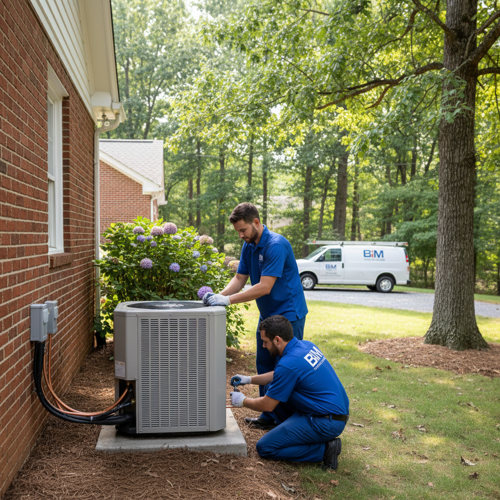BIM Heating and Cooling professional installing a new air conditioning unit outside a Virginia home near Fredericksburg.