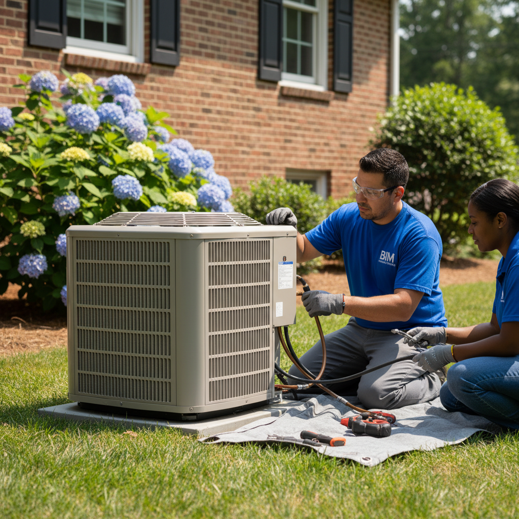 BIM Heating and Cooling professional installing a new air conditioning unit in Fredericksburg, Virginia.