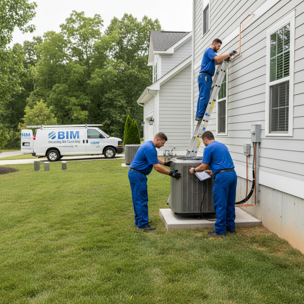 BIM Heating and Cooling professional installing a new air conditioning unit in Fredericksburg, Virginia.