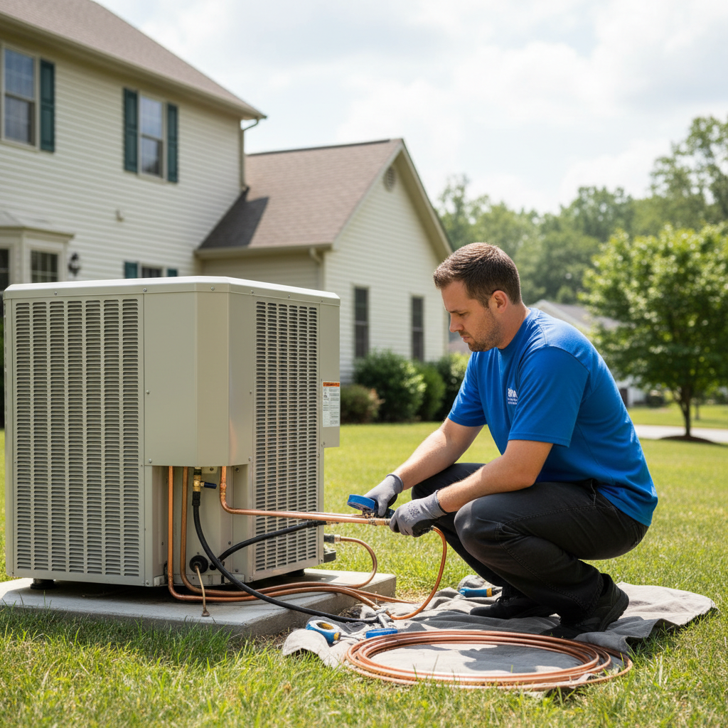 BIM Heating and Cooling professional installing a new air conditioning unit in Fredericksburg, Virginia.