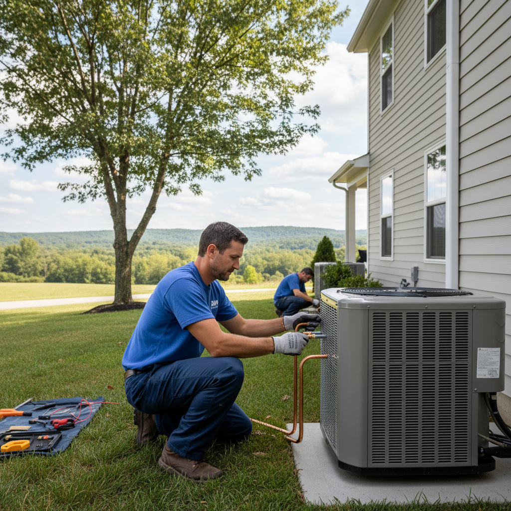 BIM Heating and Cooling professional installing a new air conditioning unit in a Stafford, Virginia residence.