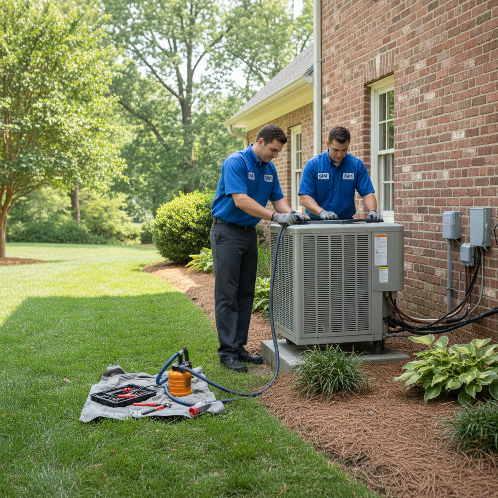 BIM Heating and Cooling professional installing a new air conditioning unit in Fredericksburg, VA.