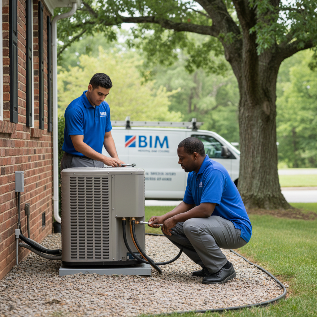 BIM Heating and Cooling professional installing a new air conditioning unit outside a Fredericksburg, VA residence.