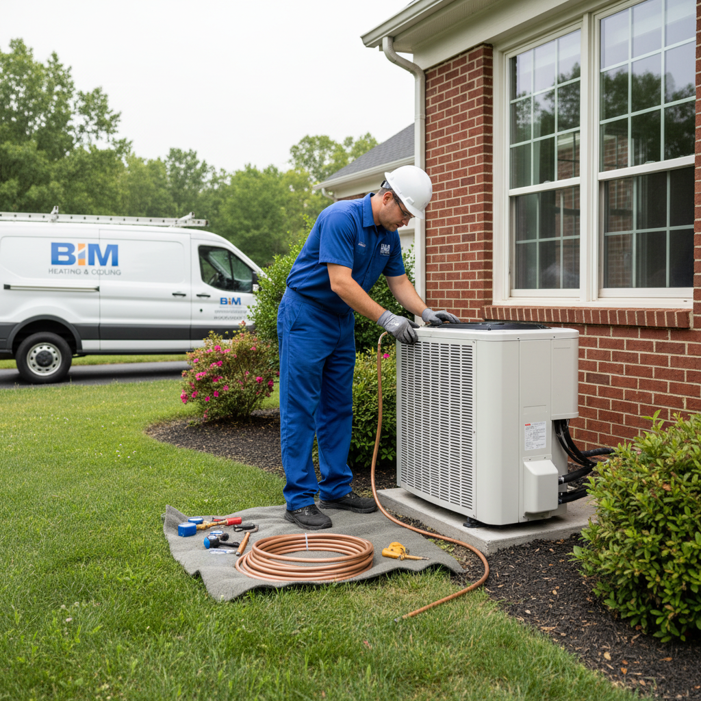 BIM Heating and Cooling professional installing a new air conditioning unit in Fredericksburg, Virginia.