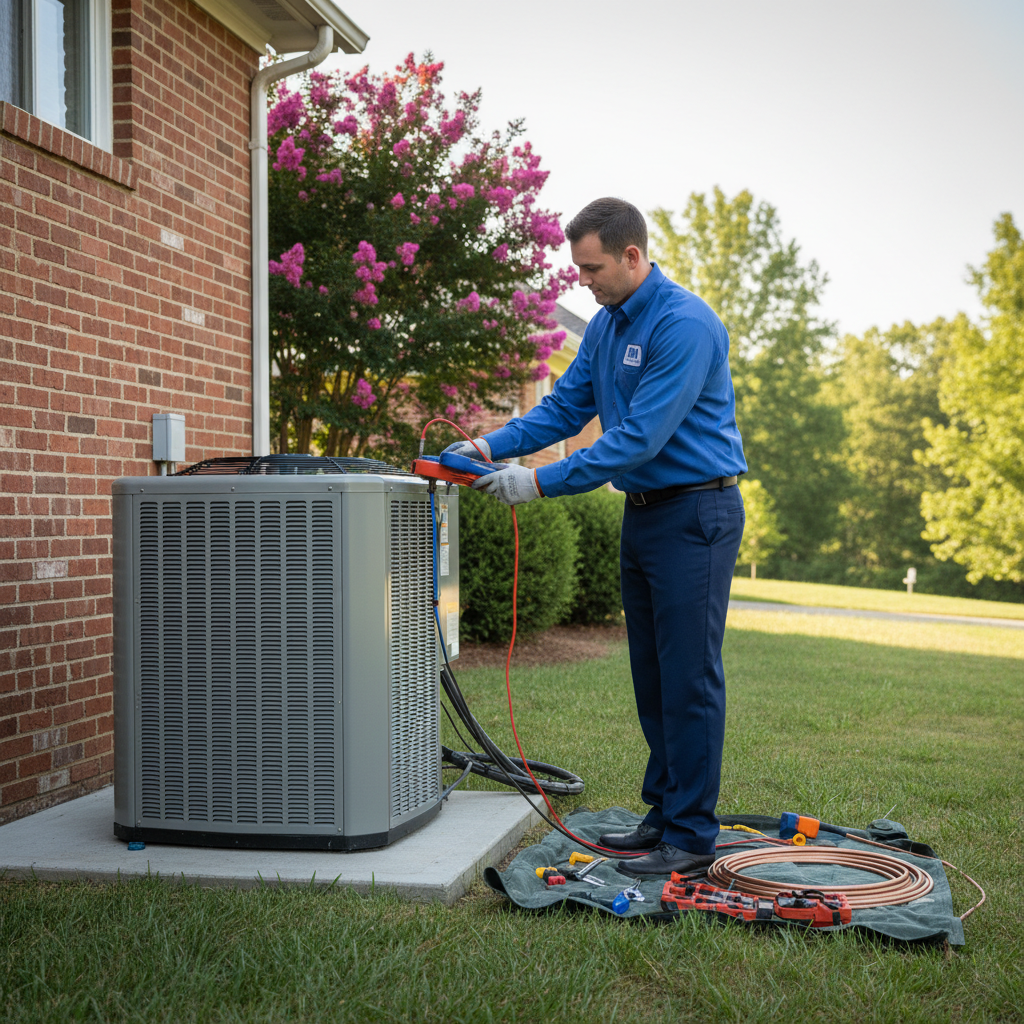 BIM Heating and Cooling professional installing a new air conditioning unit in Fredericksburg, VA.