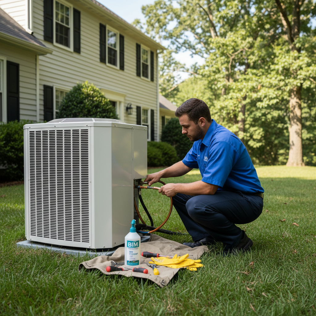 BIM Heating and Cooling professional installing a new air conditioner unit outside a Virginia home.