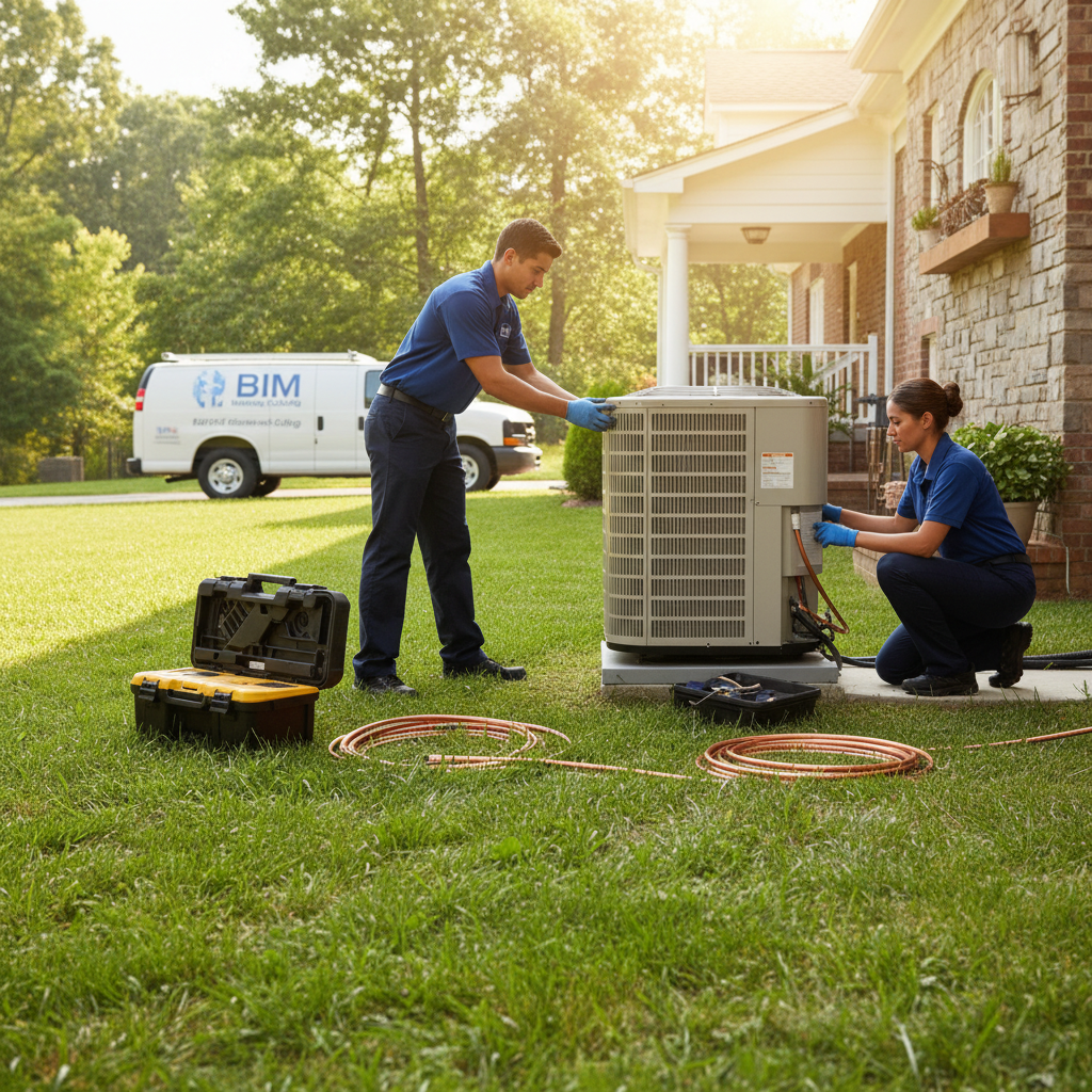 BIM Heating and Cooling professional installing a new air conditioner unit in a Virginia backyard.