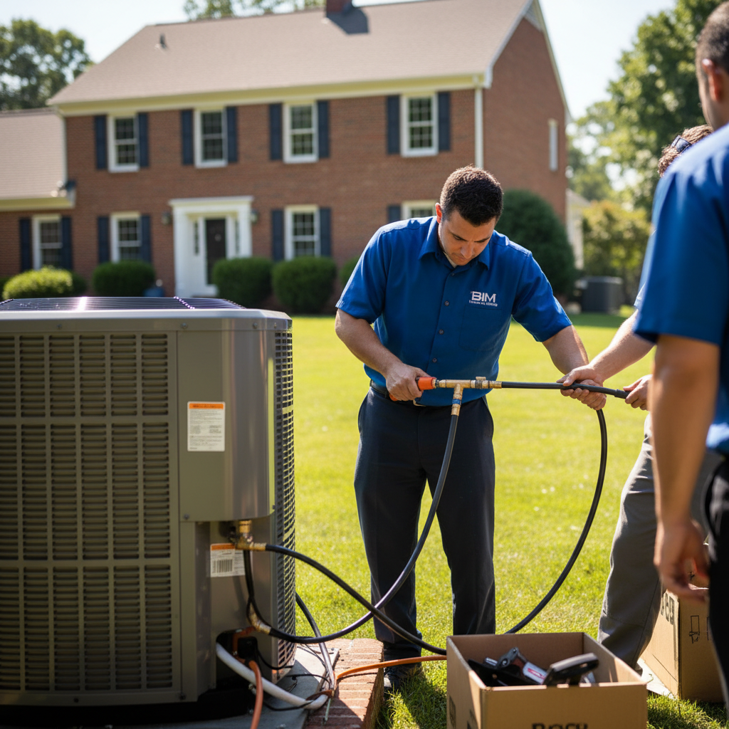 BIM Heating and Cooling professional installing a new air conditioning unit in Fredericksburg, VA.