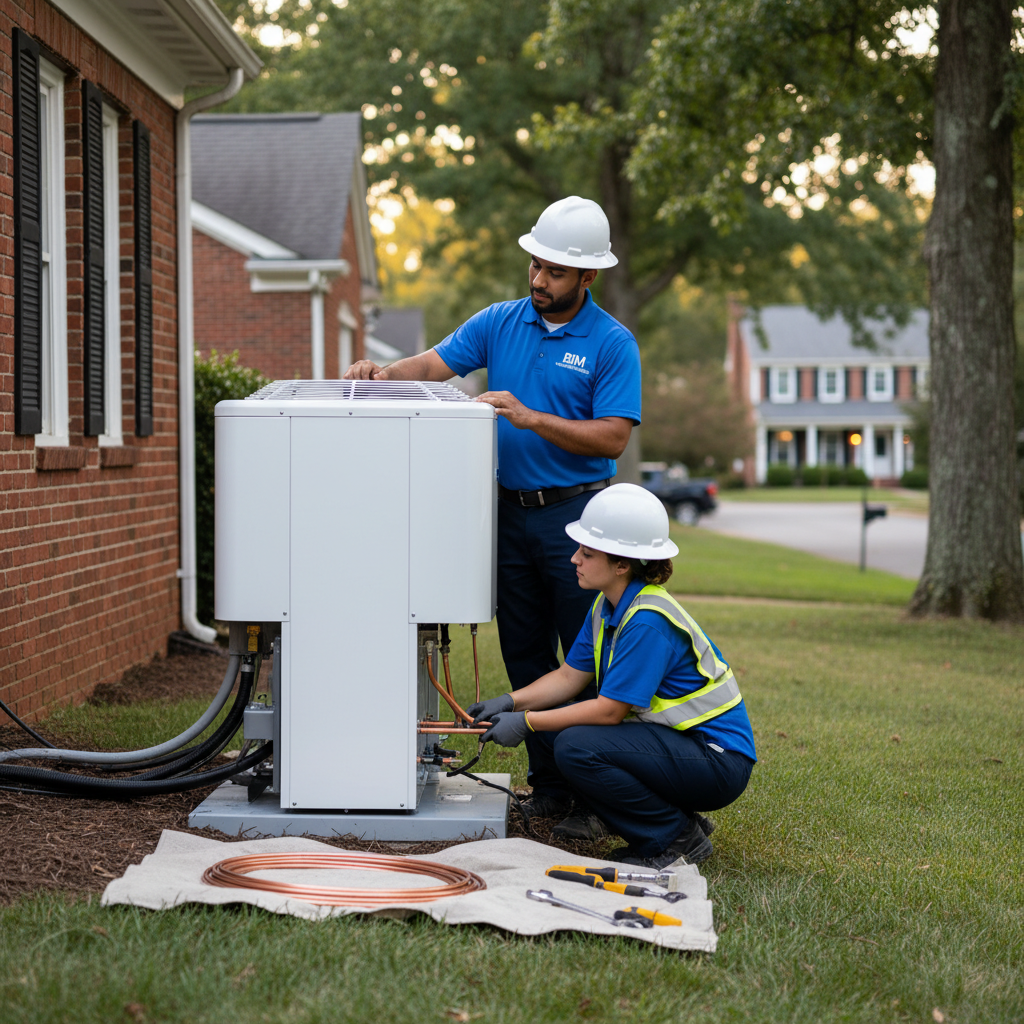 BIM Heating and Cooling professional installing a new air conditioning unit in Fredericksburg, Virginia.