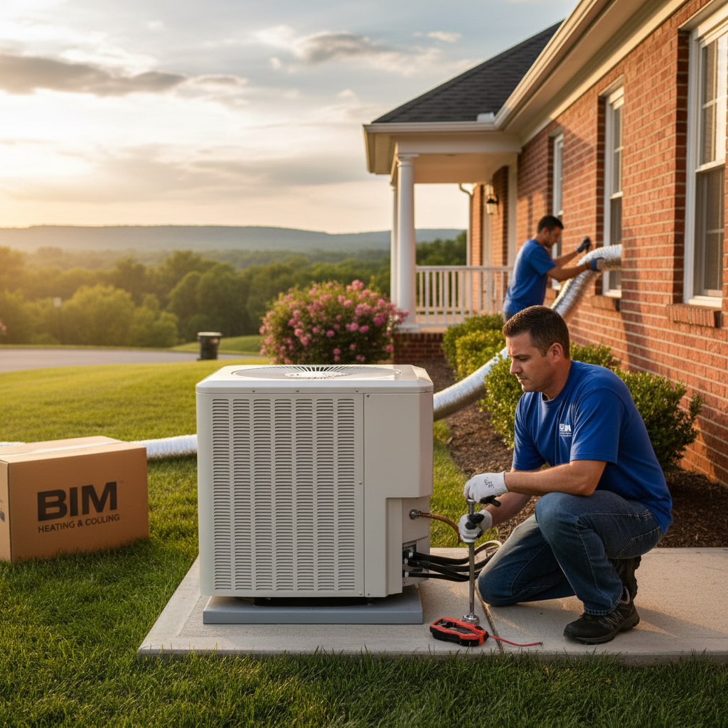 BIM Heating and Cooling professional installing a new air conditioner unit in Fredericksburg, Virginia.