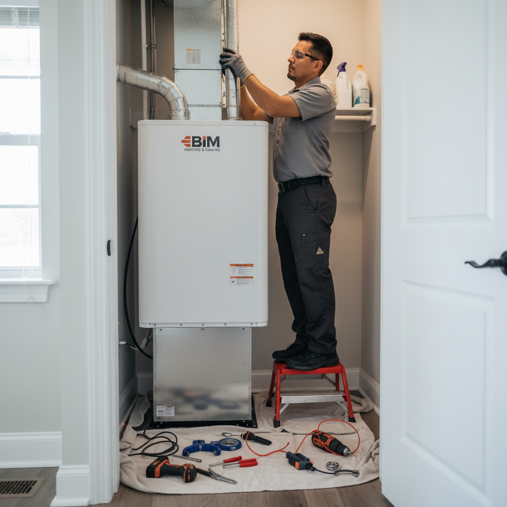BIM Heating and Cooling professional installing a new air conditioner unit in a Fredericksburg, VA home.