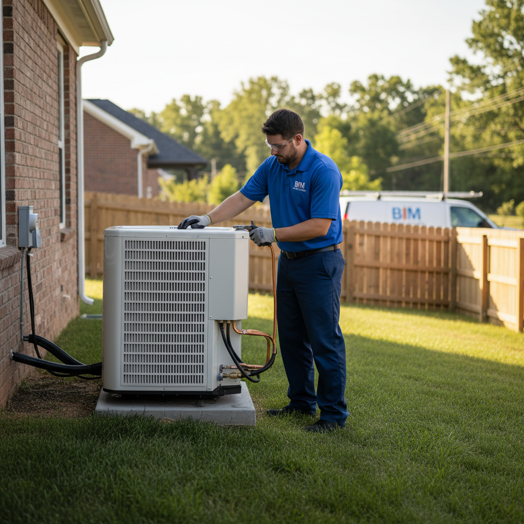 BIM Heating and Cooling professional installing a new air conditioning unit outside a Virginia residence.