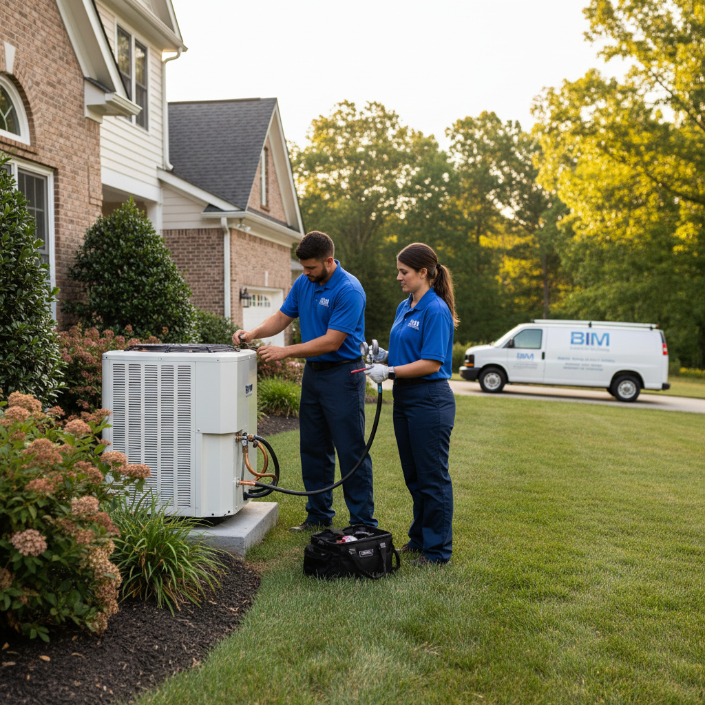 BIM Heating and Cooling professional installing a new air conditioner unit outside a Virginia home.