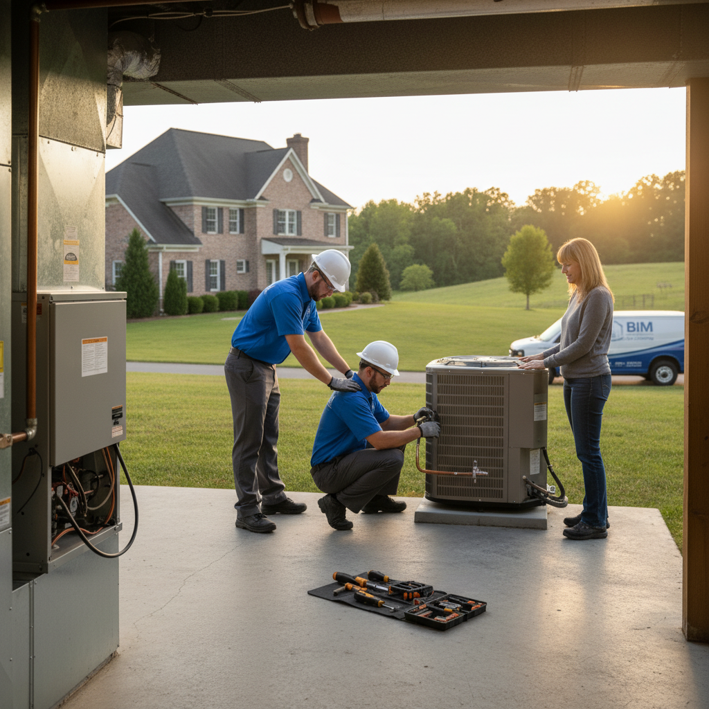 BIM Heating and Cooling professional installing a new air conditioning unit in Fredericksburg, Virginia.
