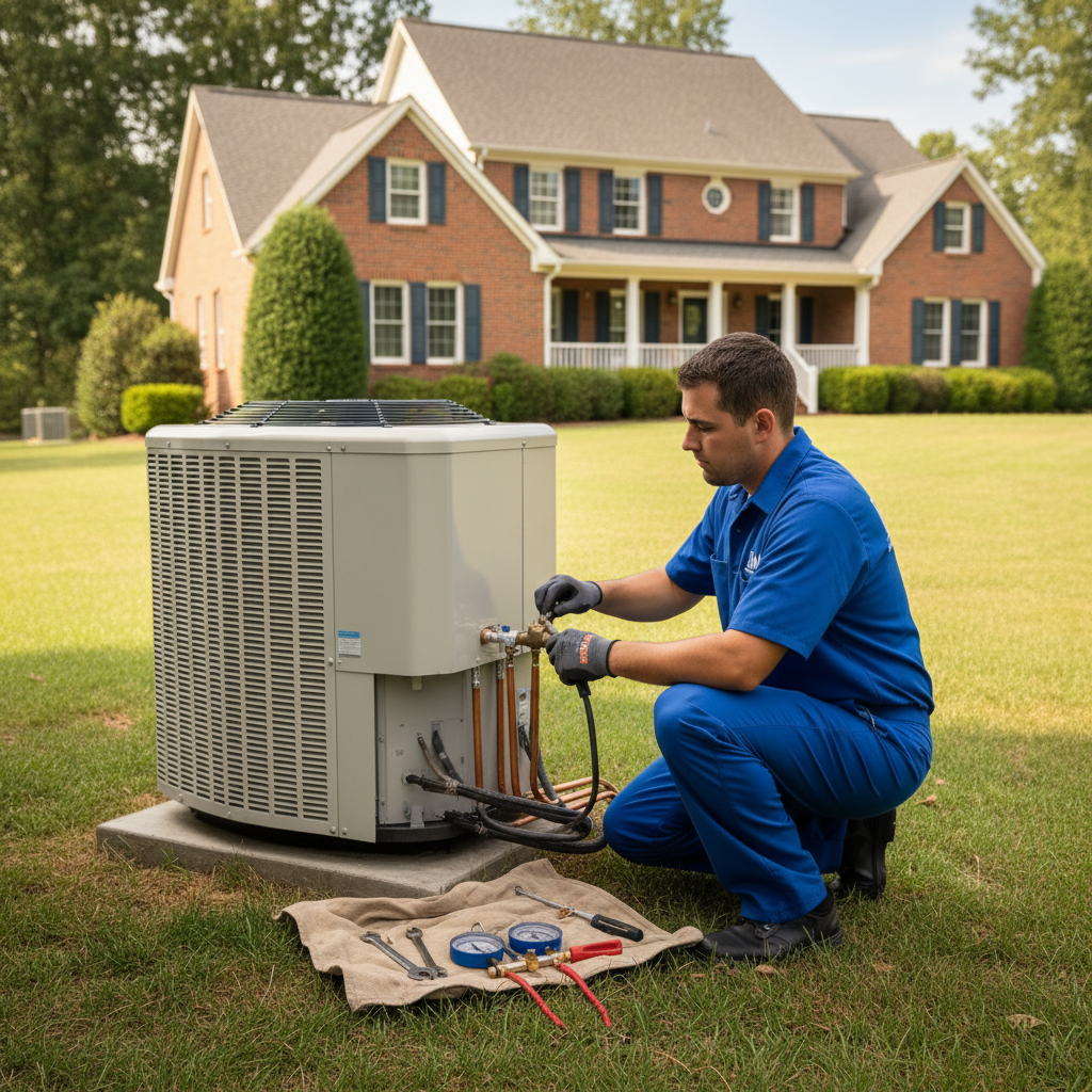 BIM Heating and Cooling professional installing a new air conditioning unit in Fredericksburg, Virginia.
