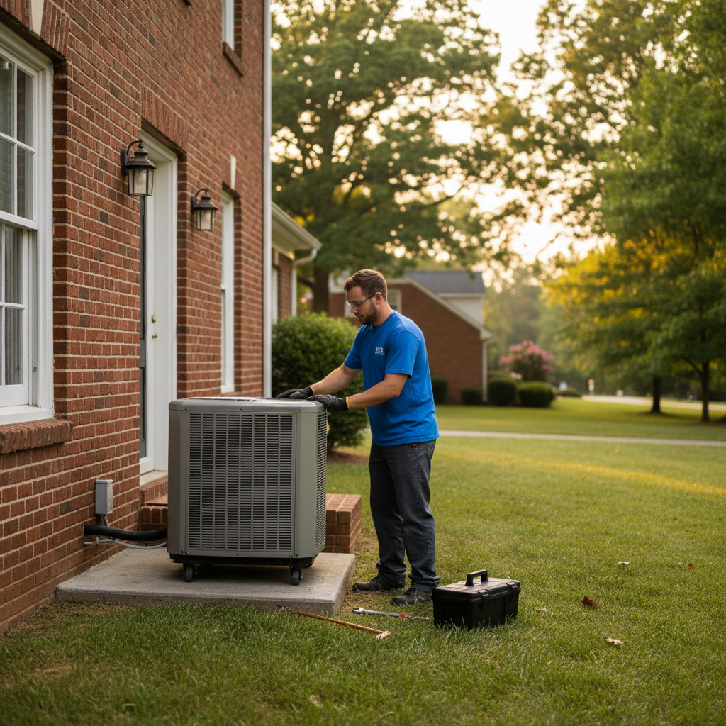 BIM Heating and Cooling professional installing a new air conditioning unit in Fredericksburg, VA.
