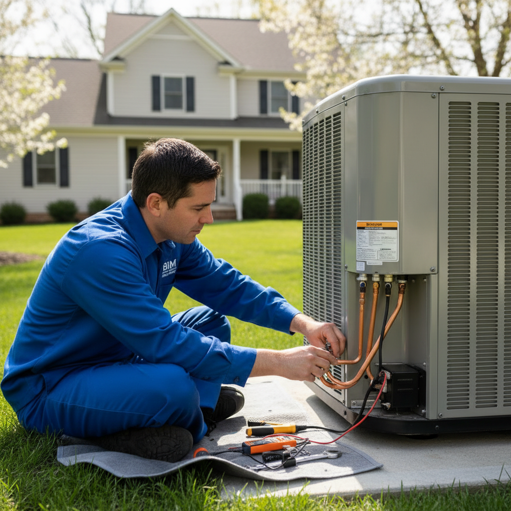 BIM Heating and Cooling professional installing a new air conditioning unit in Fredericksburg, VA.