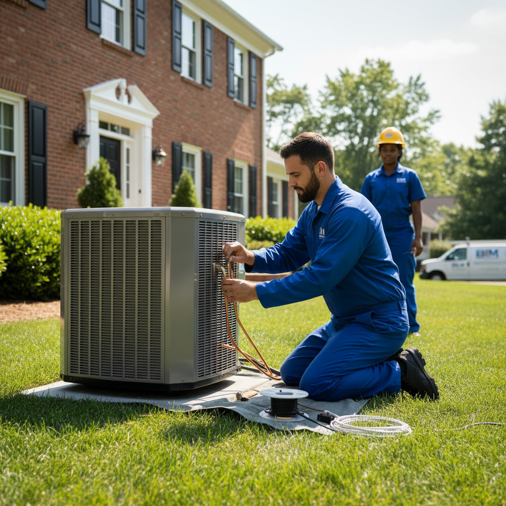 BIM Heating and Cooling professional installing a new air conditioner unit in a Fredericksburg home.