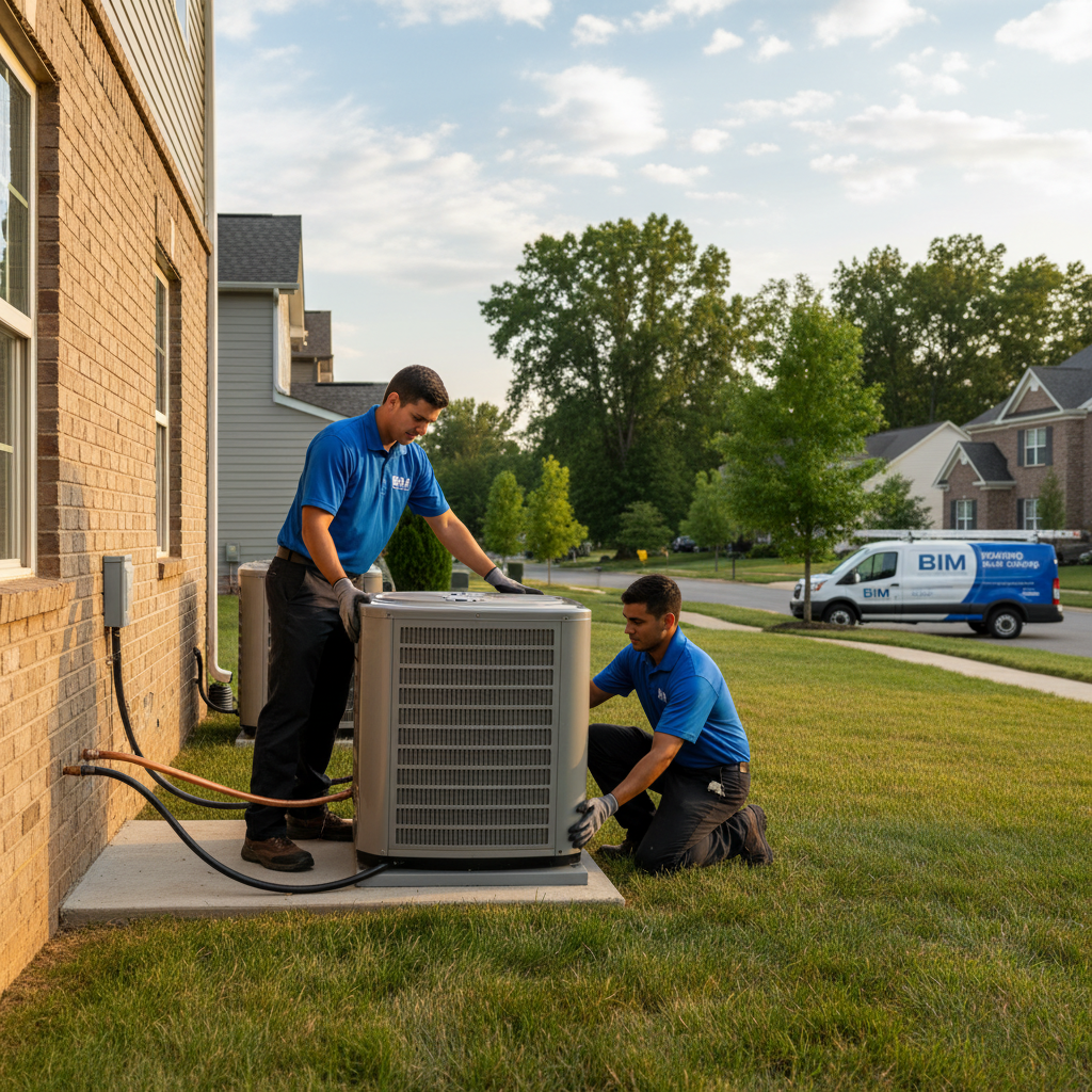 BIM Heating and Cooling professional installing a new air conditioning unit outside a Fredericksburg, VA residence.