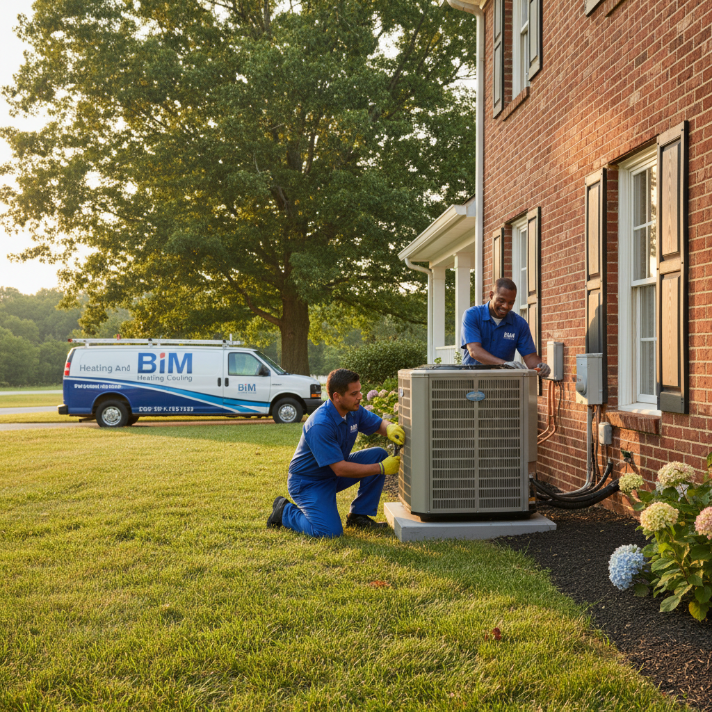 BIM Heating and Cooling professional installing a new air conditioning unit in Fredericksburg, Virginia.