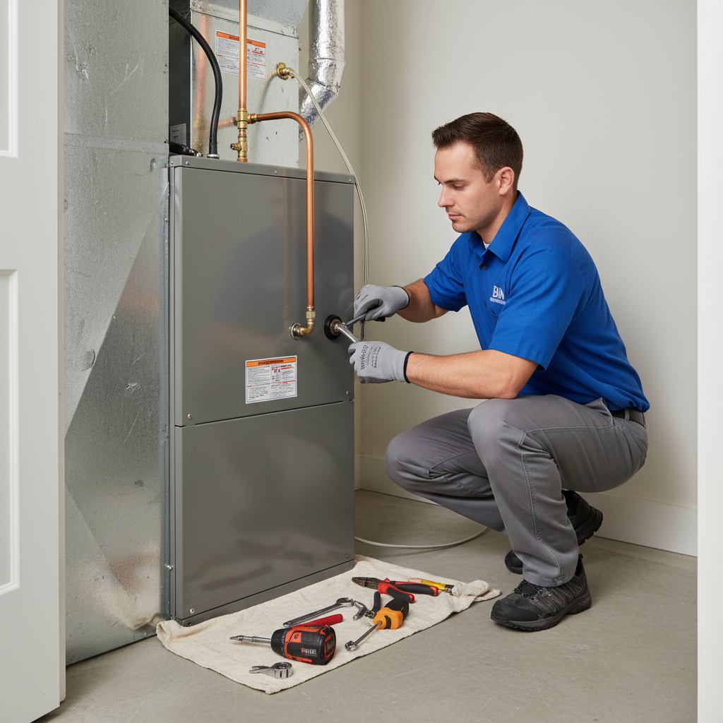 BIM Heating and Cooling professional installing a new furnace in a Fredericksburg, Virginia home.