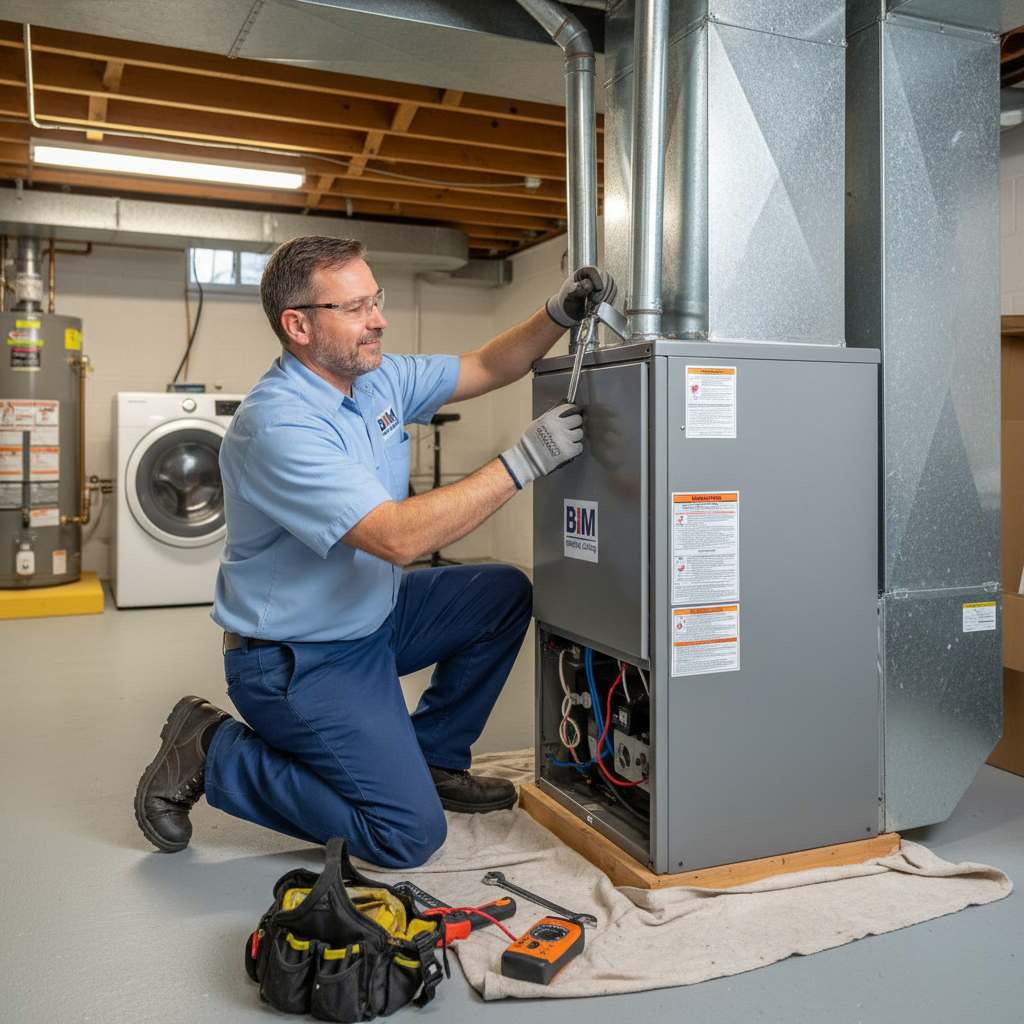 BIM Heating and Cooling professional installing a new furnace in a Virginia home near Fredericksburg.