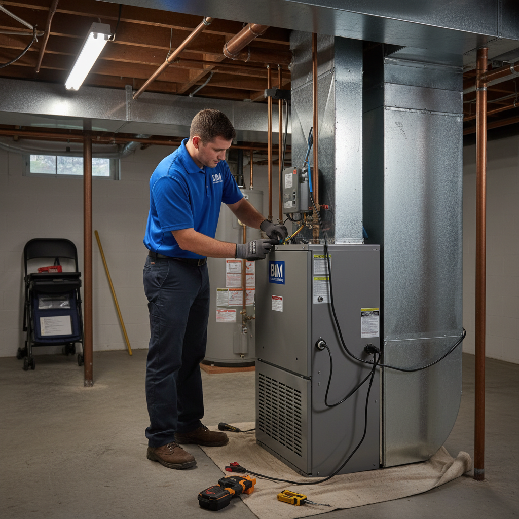 BIM Heating and Cooling professional installing a new furnace in a Fredericksburg, Virginia home.