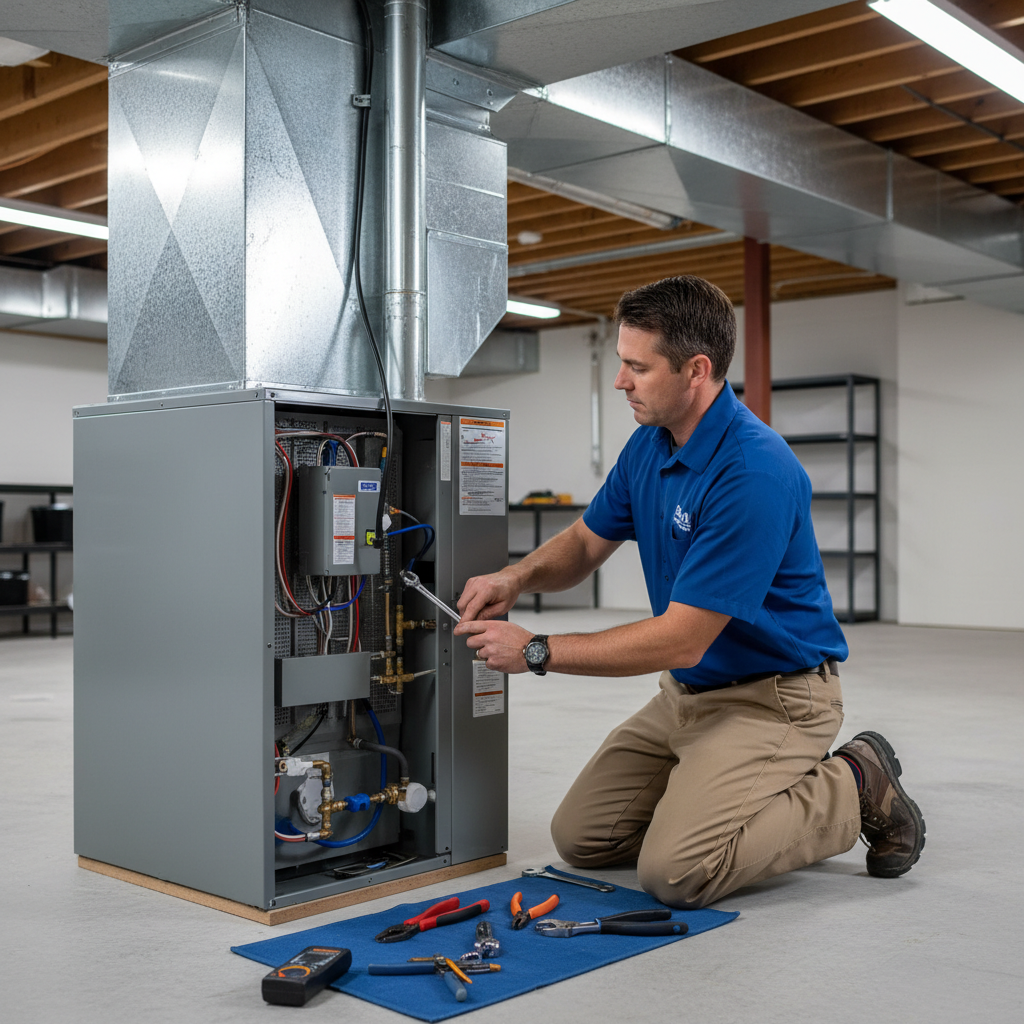 BIM Heating and Cooling professional installing a new furnace in a Fredericksburg area basement.