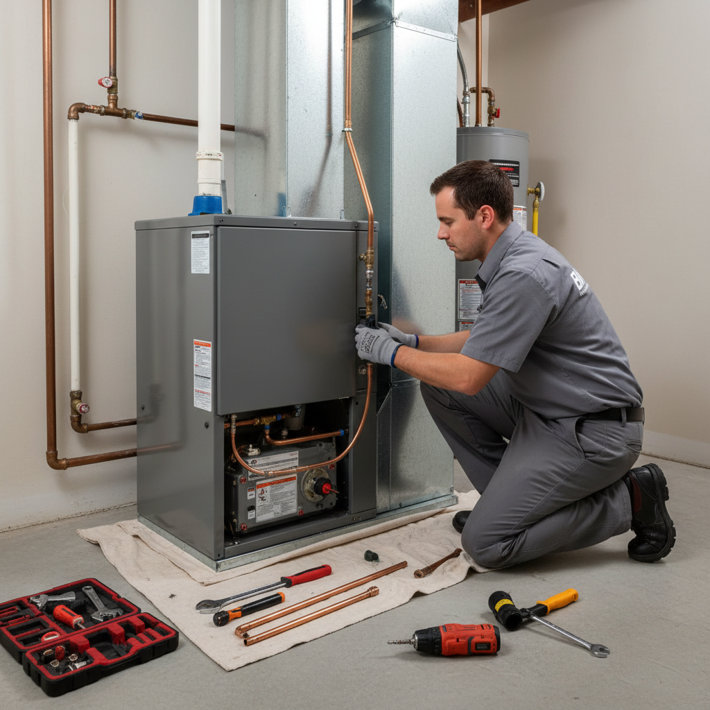 BIM Heating and Cooling professional installing a new furnace in a Virginia home's utility room.