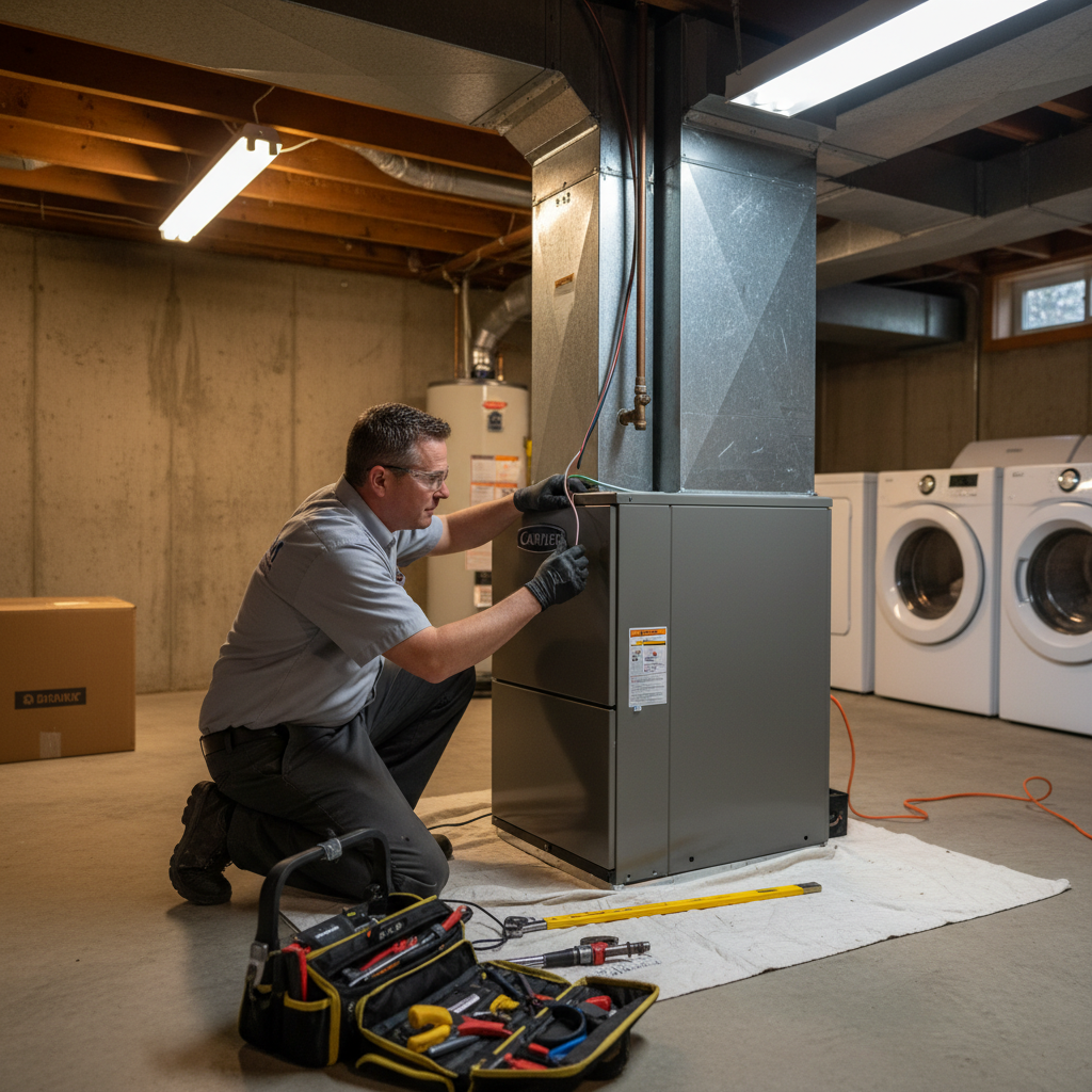 BIM Heating and Cooling professional installing a new furnace in a Fredericksburg, Virginia residence basement.