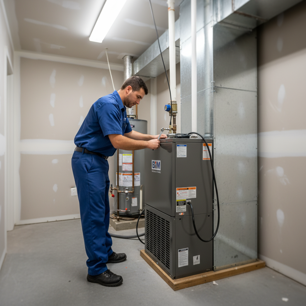 BIM Heating and Cooling professional installing a new furnace in a Virginia home near Fredericksburg.
