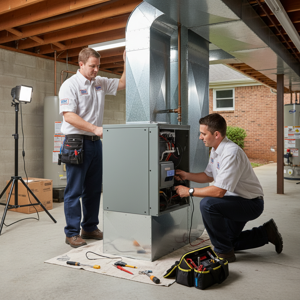 BIM Heating and Cooling professional installing a new furnace in a Fredericksburg, Virginia home basement.