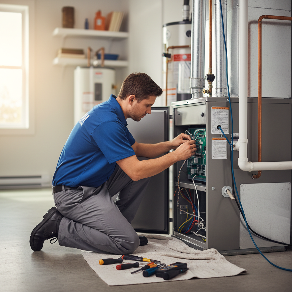 BIM Heating and Cooling professional installing a new furnace in a modern home in Fredericksburg, VA.