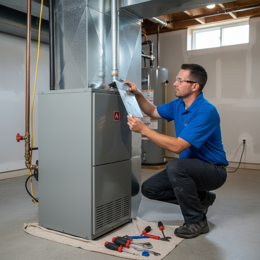 BIM Heating and Cooling professional installing a new furnace inside a residential basement in Fredericksburg, VA.