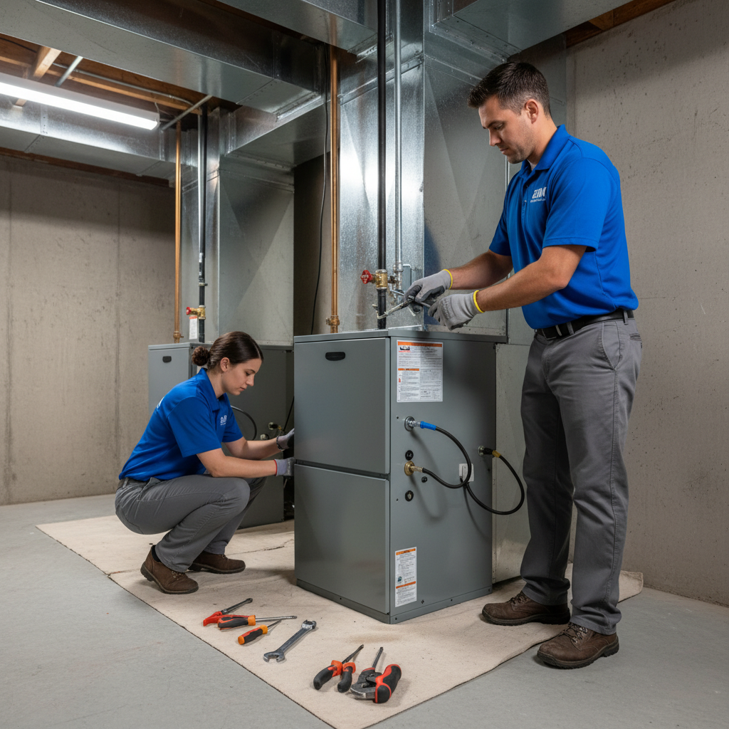 BIM Heating and Cooling professional installing a new furnace in a Fredericksburg, Virginia residence.