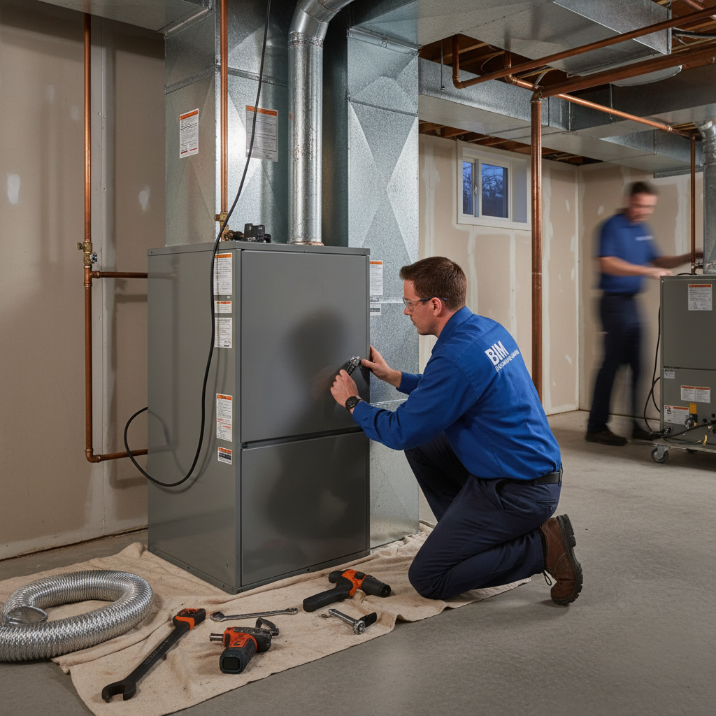 BIM Heating and Cooling professional installing a new furnace in a Virginia home near Fredericksburg.