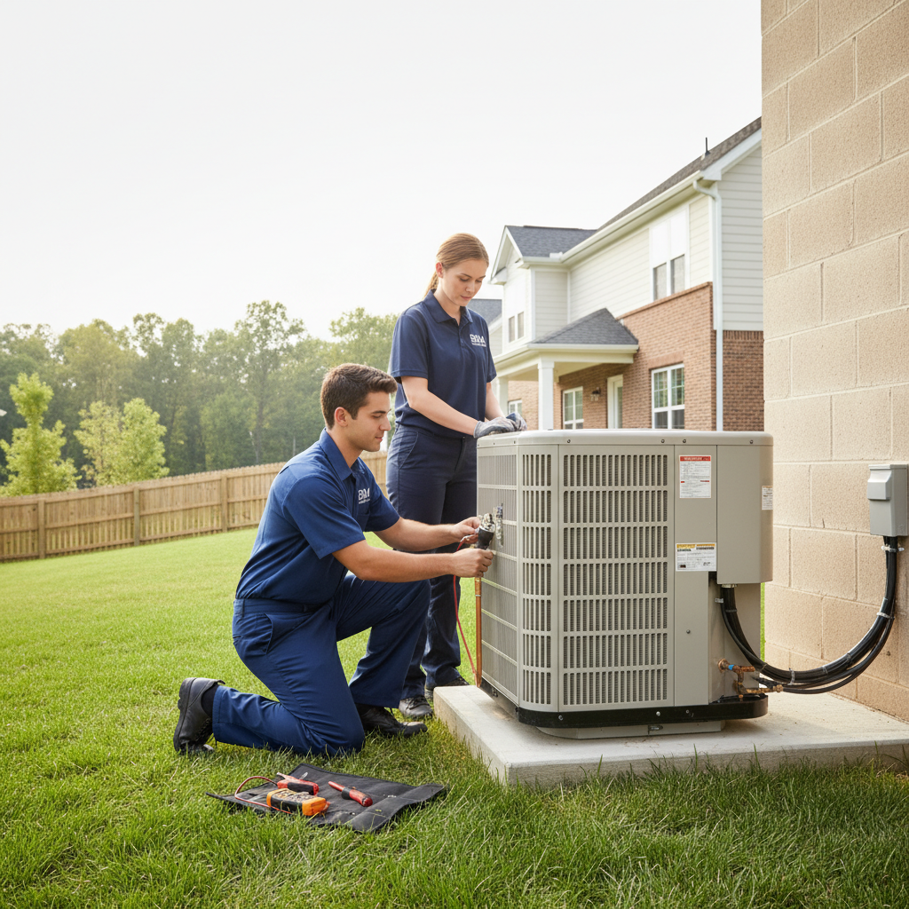 BIM Heating and Cooling professional installing a new HVAC unit outside a Virginia county residence.