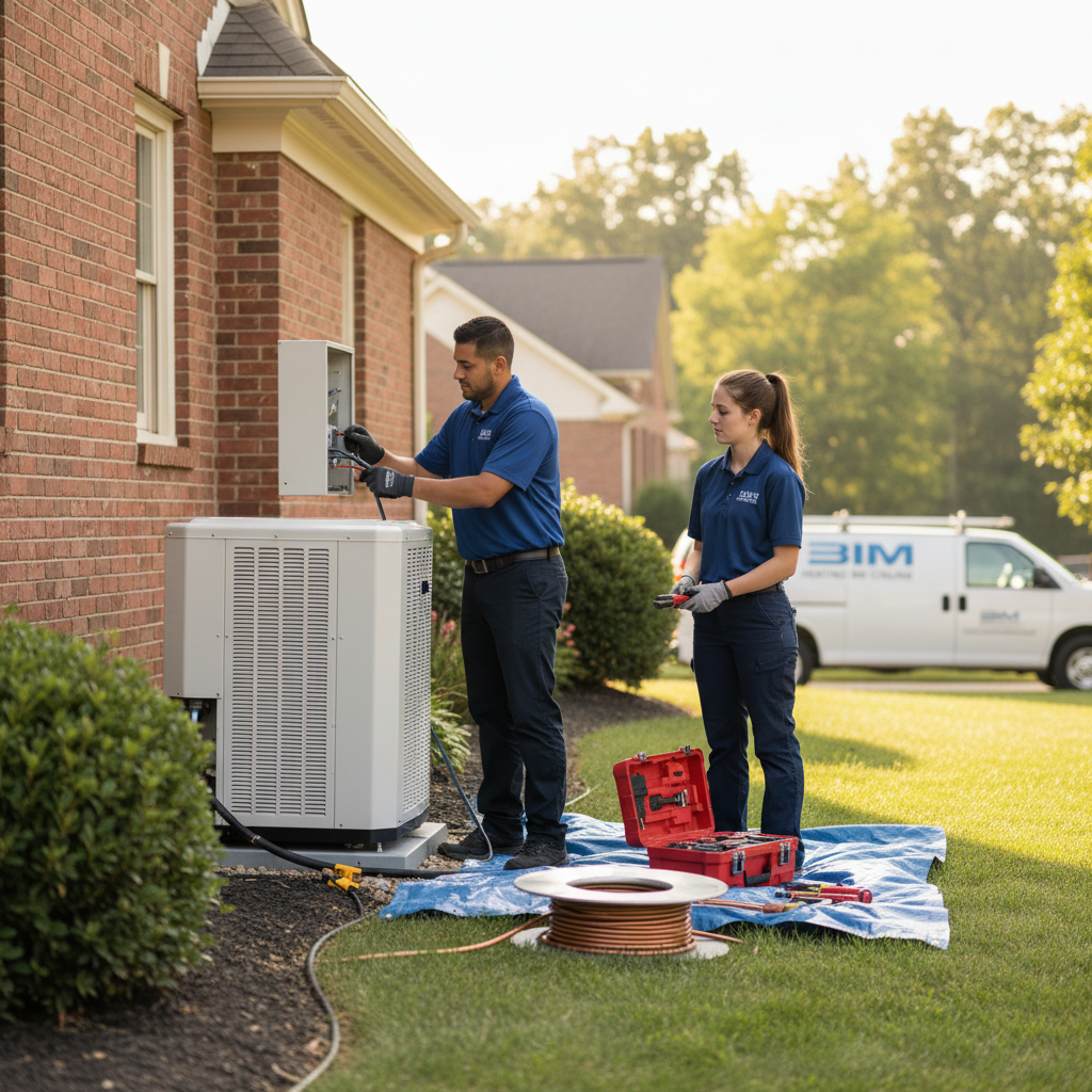 BIM Heating and Cooling professional installing a new HVAC unit outside a Virginia home.