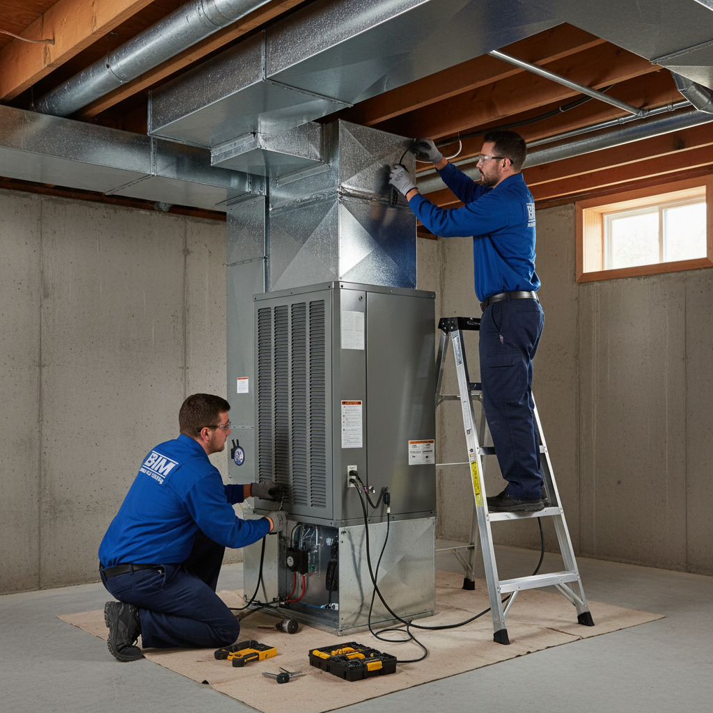 BIM Heating and Cooling professional installing a new HVAC unit in a home in Fredericksburg, Virginia.