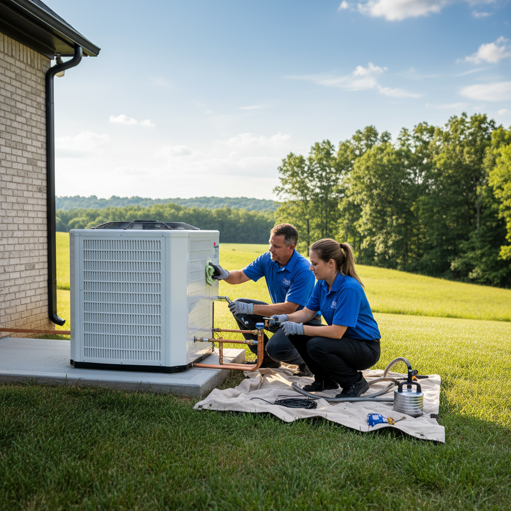 BIM Heating and Cooling professional installing a new outdoor HVAC unit in rural Virginia.