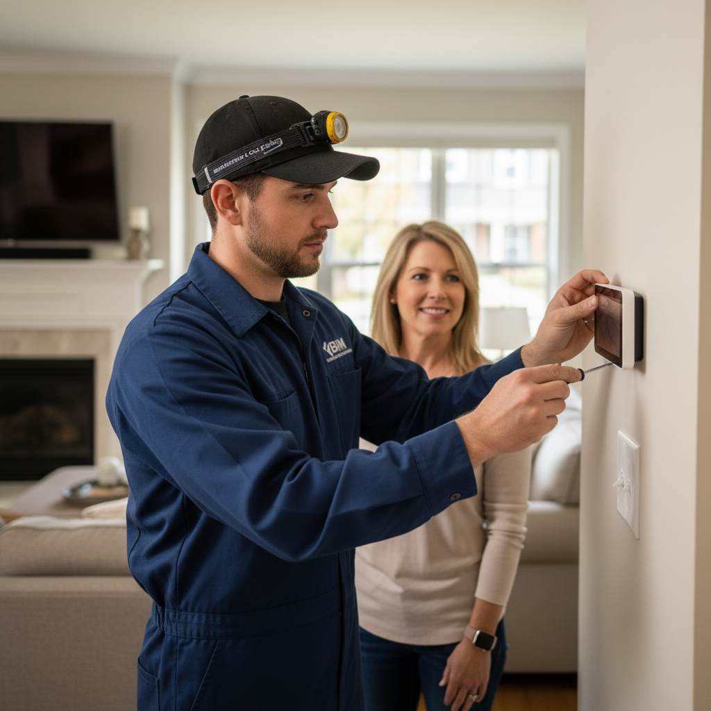 BIM Heating and Cooling professional installing a new thermostat in a Stafford, VA home.