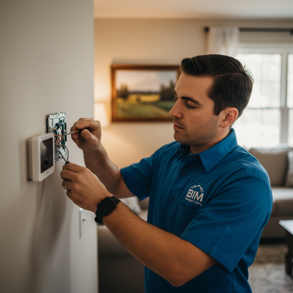 BIM Heating and Cooling professional installing a new thermostat in a Spotsylvania County, Virginia home.